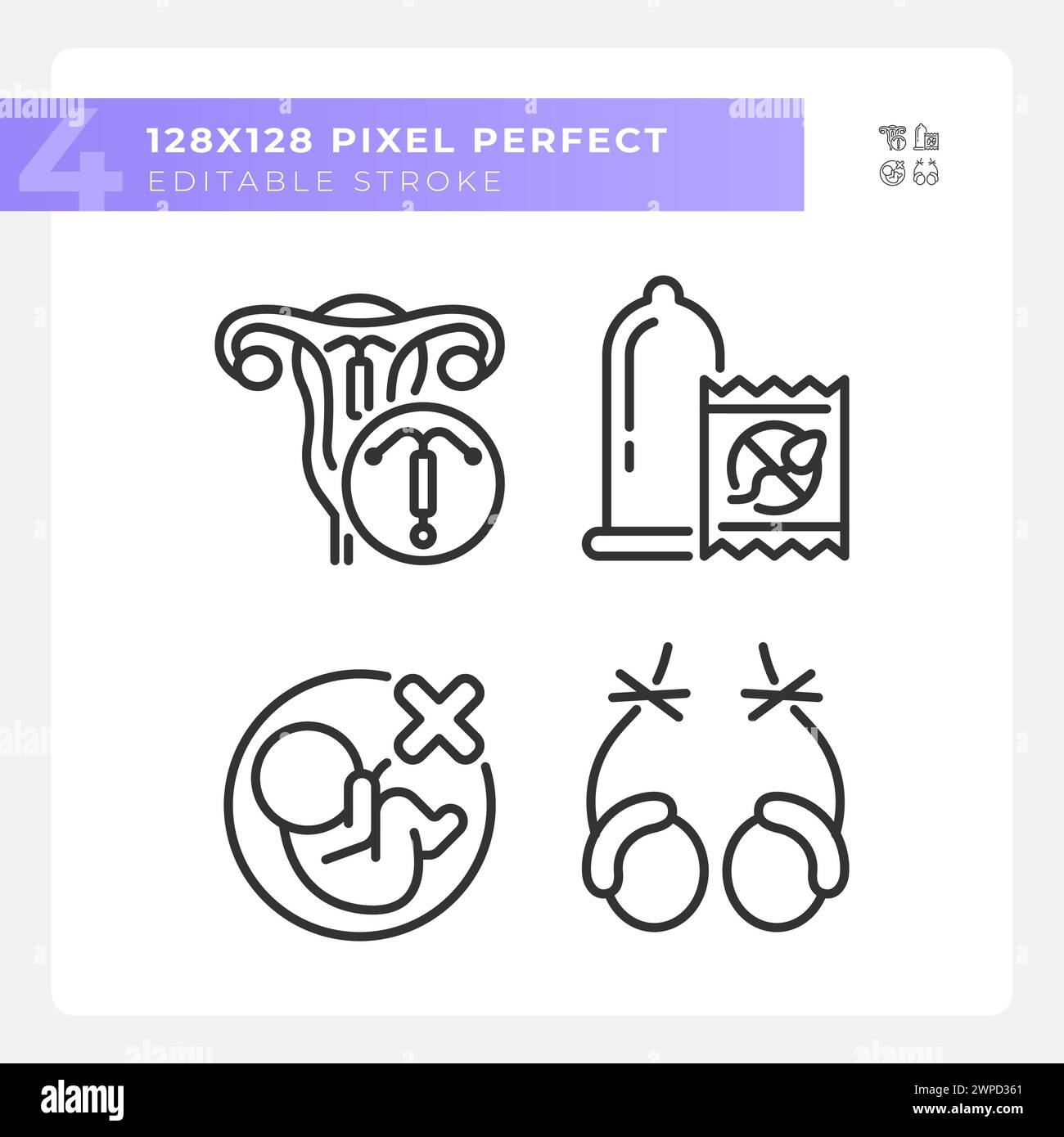 Pregnancy prevention methods linear icons set Stock Vector