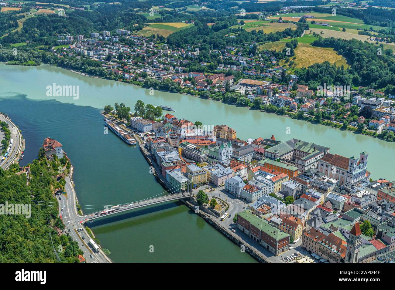 Aerial view of the three-river city of Passau at the confluence of the Danube, Inn and Ilz rivers Stock Photo