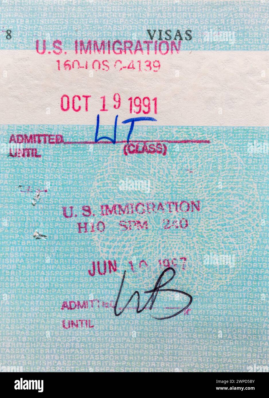US Immigration stamps in British passport on entering the USA Stock Photo