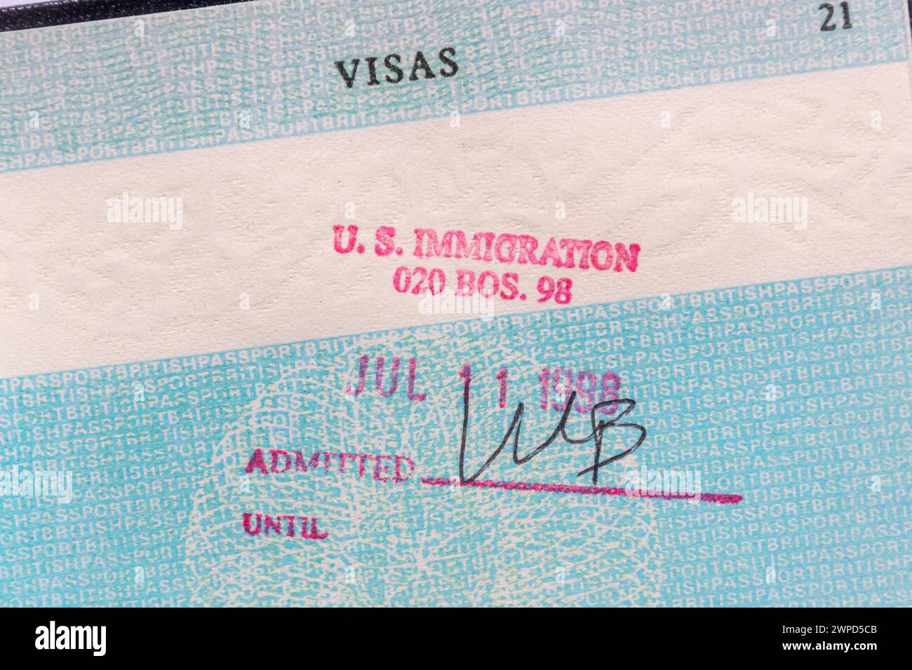 US Immigration stamp in British passport, stamped on entry into BOS Boston Logan international airport in Massachusetts USA Stock Photo