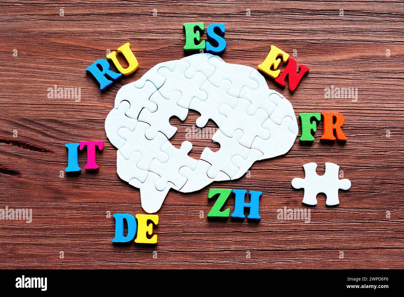 Brain puzzle at the center, with one central piece detached and placed aside. The remaining pieces are surrounded by various colorful two-letter langu Stock Photo
