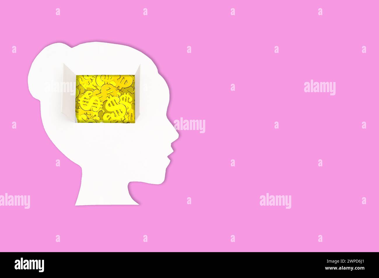 Paper model of a woman's head featuring an open window, revealing a pile of dollar signs instead of the brain. Money mindset related concept. Stock Photo