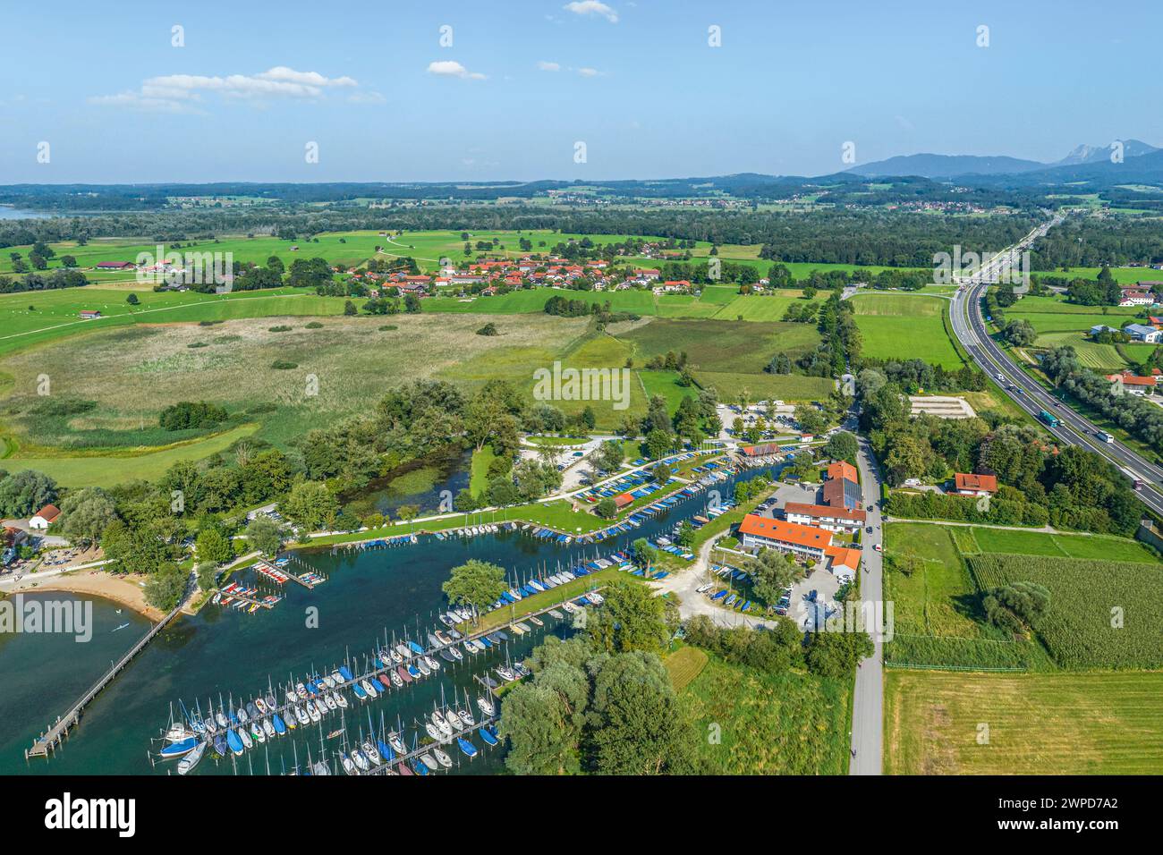 Aerial view to the beautiful landscape around the Feldwieser Bucht on Chiemsee in bavarian alpine foreland Stock Photo