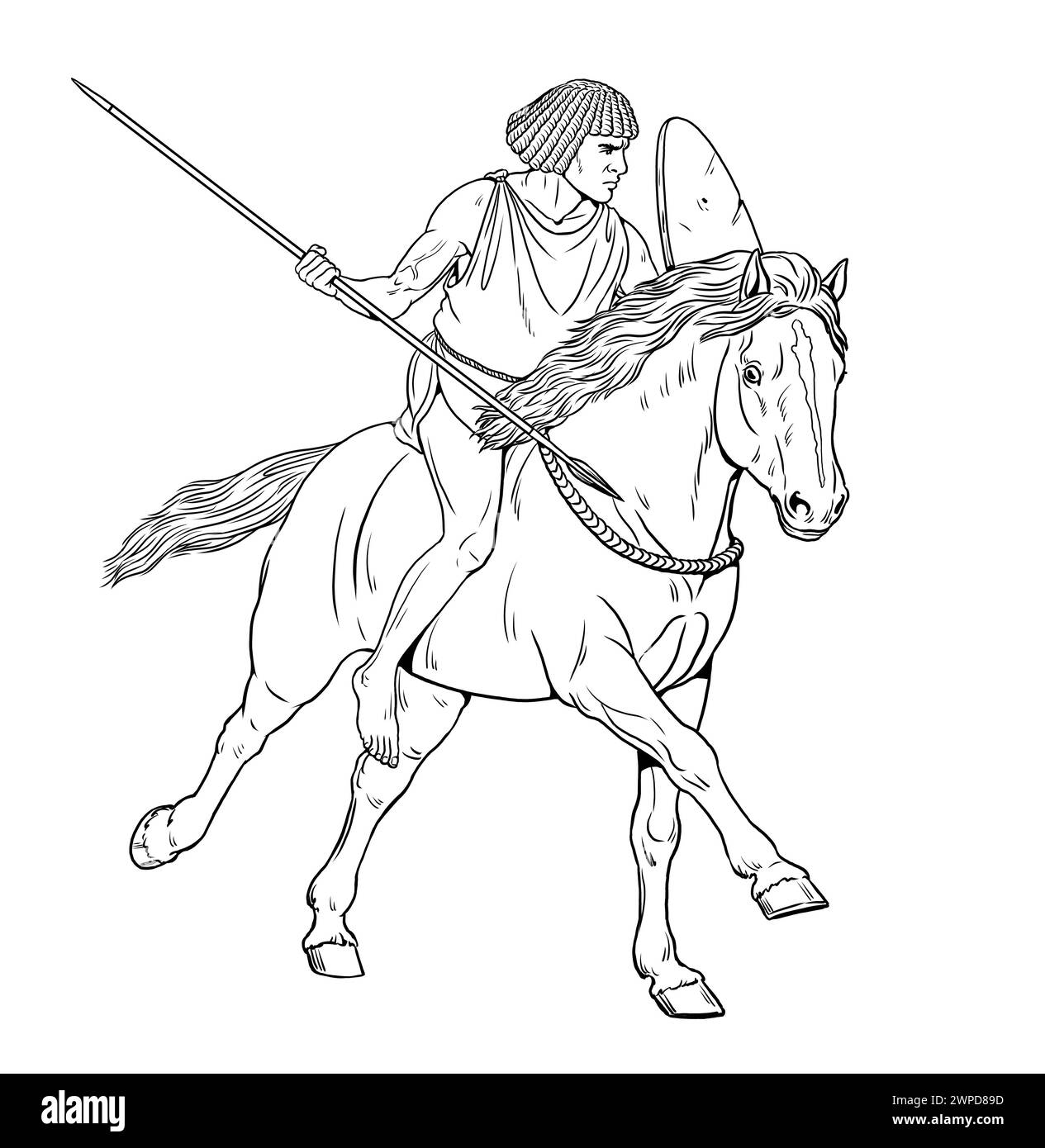 Ancient Nubian rider in attack. Antique and Medieval Cavalry Drawing. Stock Photo