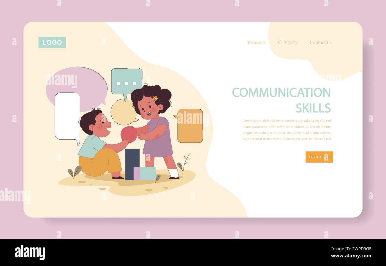 Little girl and boy talking to each other web banner or landing page. Positive impact of father' involvement on child' communication skill. Engaged or committed fatherhood. Flat vector illustration. Stock Vector