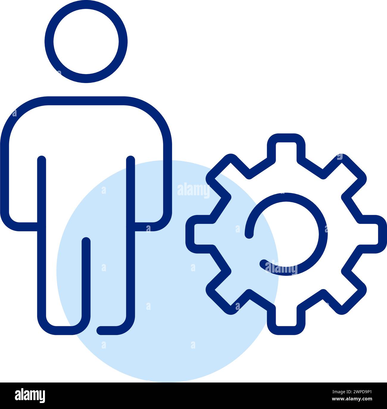 Digital engineering. Technical professional. Person and cogwheel symbolizing power solving skills and expertise. Pixel perfect, editable stroke vector Stock Vector