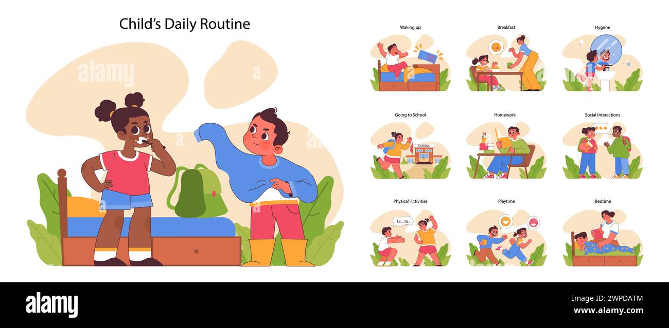 Child's daily routine set. Kids experiencing daily moments from waking up to bedtime. Breakfast, school, playtime, and social interactions. Learning self-discipline. Flat vector illustration Stock Vector