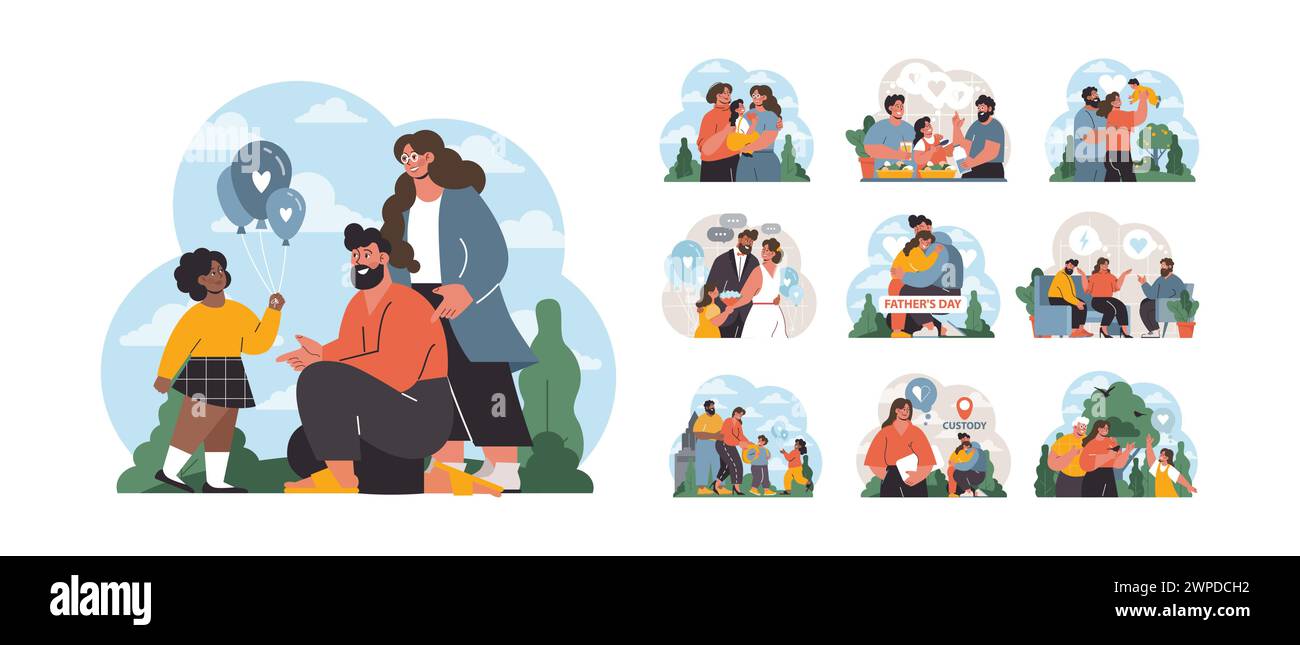 Family Moments set. Cherished instances of families bonding: picnics, birthdays, Father's Day celebrations, and parental custody moments. Heartwarming emotions shine through. Flat vector illustration. Stock Vector