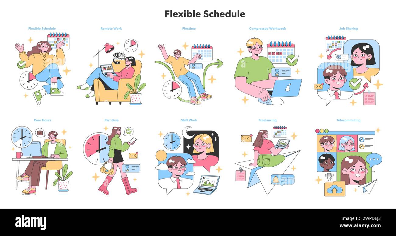 Flexible Schedule Set Professionals Enjoying Varied Work Routines Flexible Schedule Set Professionals Enjoying Varied Work Routines