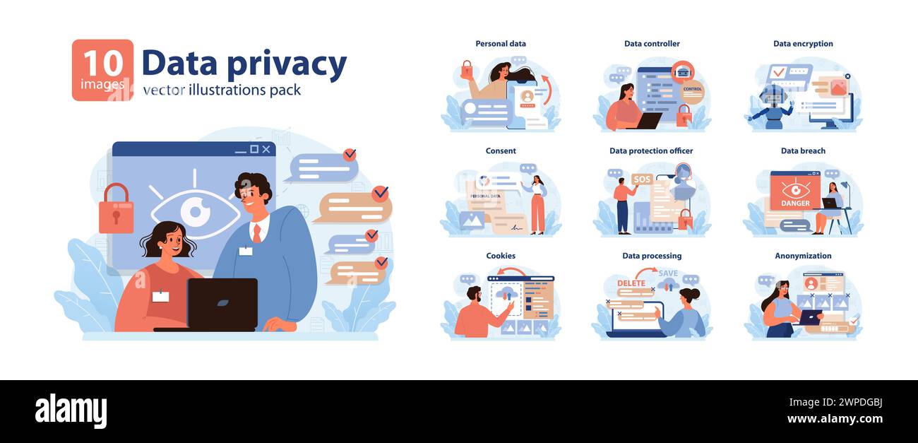 Data privacy set. Modern safeguards in digital landscape. Personal data ...