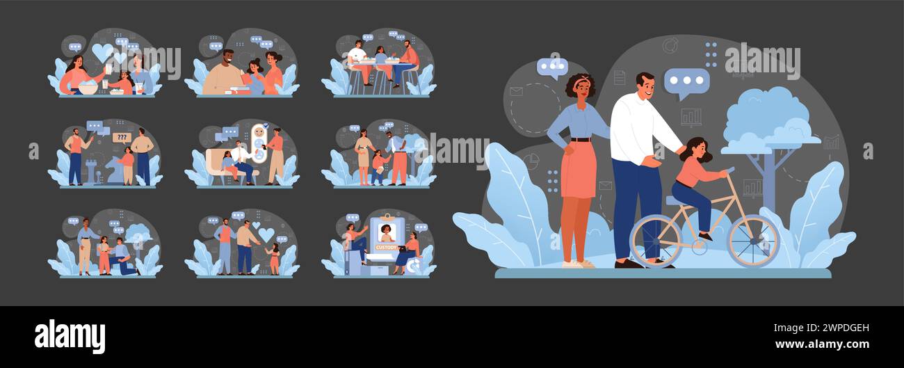 Modern Family Dynamics set. A collection showcasing diverse family structures, including gay couples, step-parents, and blended families. Moments of love, challenges, and unity. Flat vector. Stock Vector