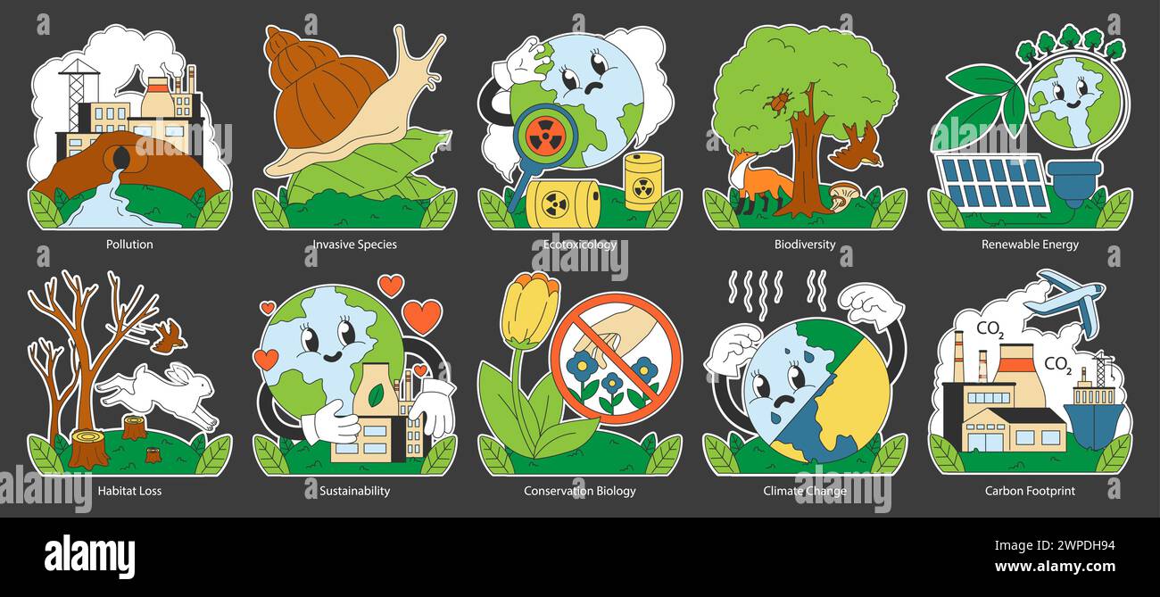 Ecology night or dark mode set. Human influence. Environment pollution
