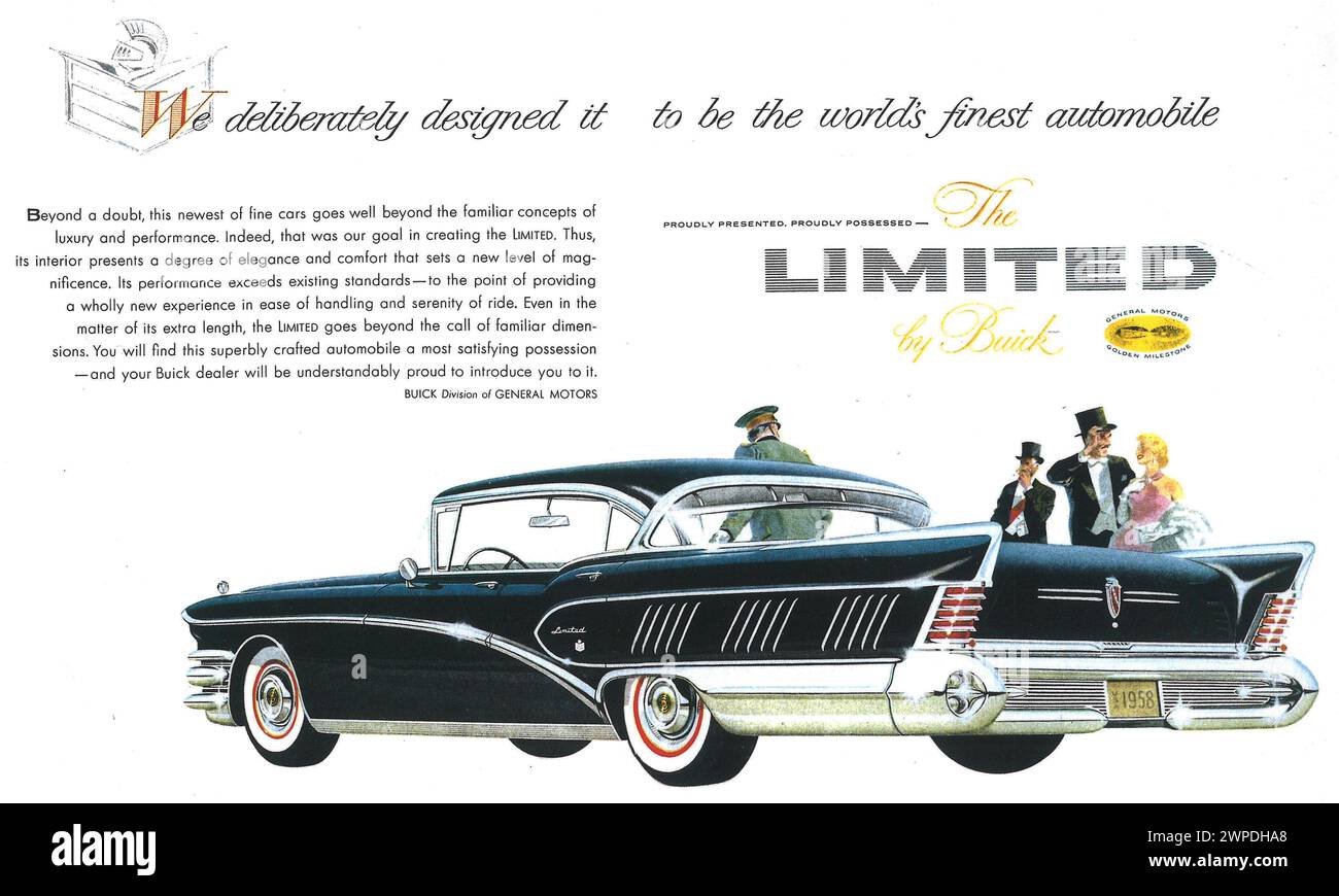 1958 Buick Limited 4-Door Riviera Model 750 Flight-Pitch-Dynaflow Print Ad Stock Photo