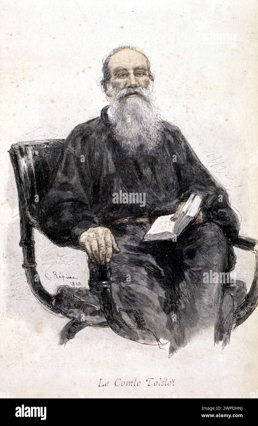 portrait of the russian writer Leon Tolstoi (Tolstoy or Lev Tolstoj) in 1909 - (1828-1910) engraving 1888. Stock Photo