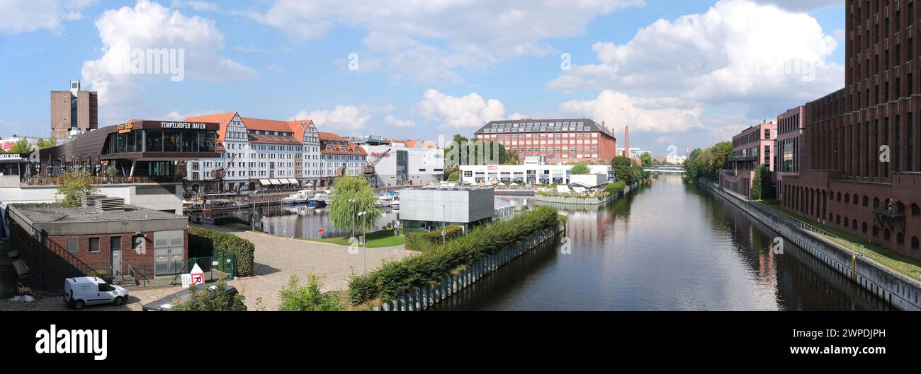 Berlin, Germany, 22 August 2022, summer panoramic view of Tempelhof Harbour with marina and Teltow Canal Stock Photo