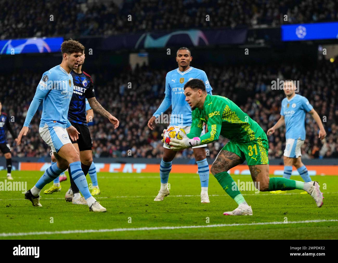Etihad Stadium, Manchester, UK. 06th Mar, 2024. Ederson (Manchester City) controls the ball during a Champions League - Round of 16 game, Manchester City vs FC Copenhagen, at Etihad Stadium, Manchester, England. Kim Price/CSM/Alamy Live News Stock Photo