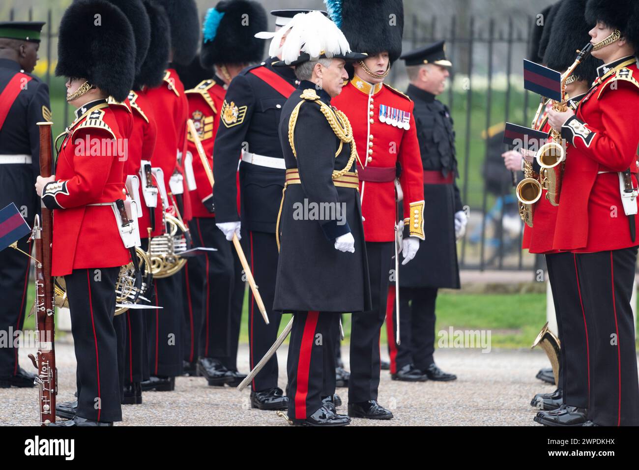 Wellington Barracks, London, UK. 7th Mar, 2024. The Major General's Inspection of the Foot Guards and Bands to check that their summer uniforms and standard of drill is of sufficiently high standard for the coming ceremonial season takes place at Wellington Barracks by Major General James Bowder commanding the Household Division. Credit: Malcolm Park/Alamy Live News Stock Photo