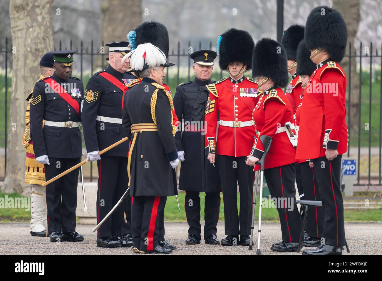 Wellington Barracks, London, UK. 7th Mar, 2024. The Major General's Inspection of the Foot Guards and Bands to check that their summer uniforms and standard of drill is of sufficiently high standard for the coming ceremonial season takes place at Wellington Barracks by Major General James Bowder commanding the Household Division. Credit: Malcolm Park/Alamy Live News Stock Photo