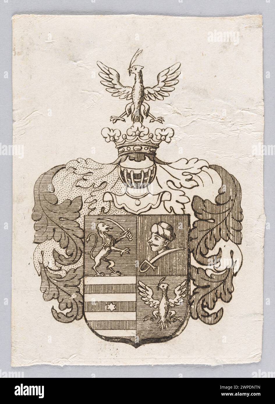 [Heraldic exlibris];  And after. 19th century (1800-00-00-1850-00-00);acanthus, white weapons, heraldic exlibris, men's heads, heraldic helmets, rank crowns, lions, ornaments, coat of arms, heraldic animals Stock Photo