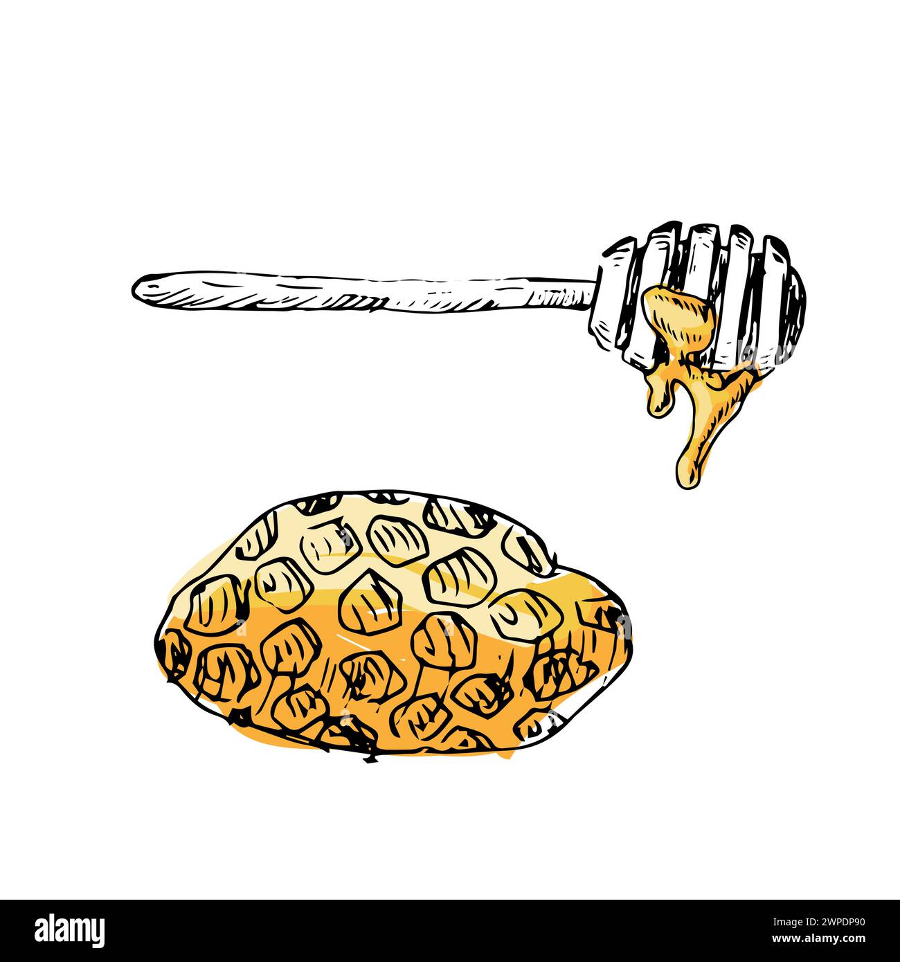 Honey in spoon and comb hand drawn sketch in color. Vector illustration ...