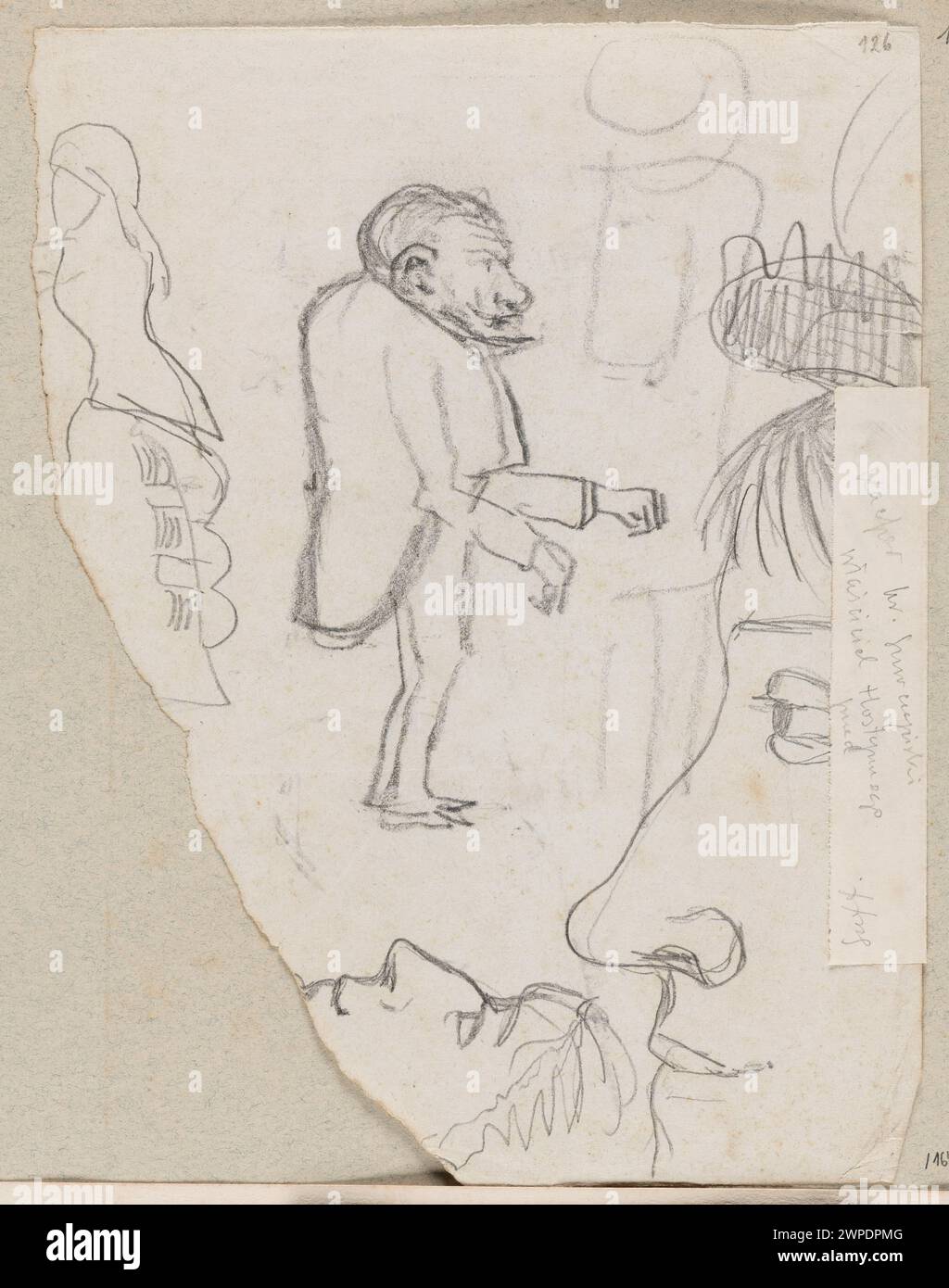 Character sketch, caricature, two head sketches; Verso: Three sketches of men's heads, calculations; Czachórski, Stanisław (1853-1904); before 1904 (1873-00-00-1904-00-00);Brody (beard), heads, caricatures, moral caricatures, portraits, men's portraits, character studies, sketches, faces, purchase (provenance) Stock Photo