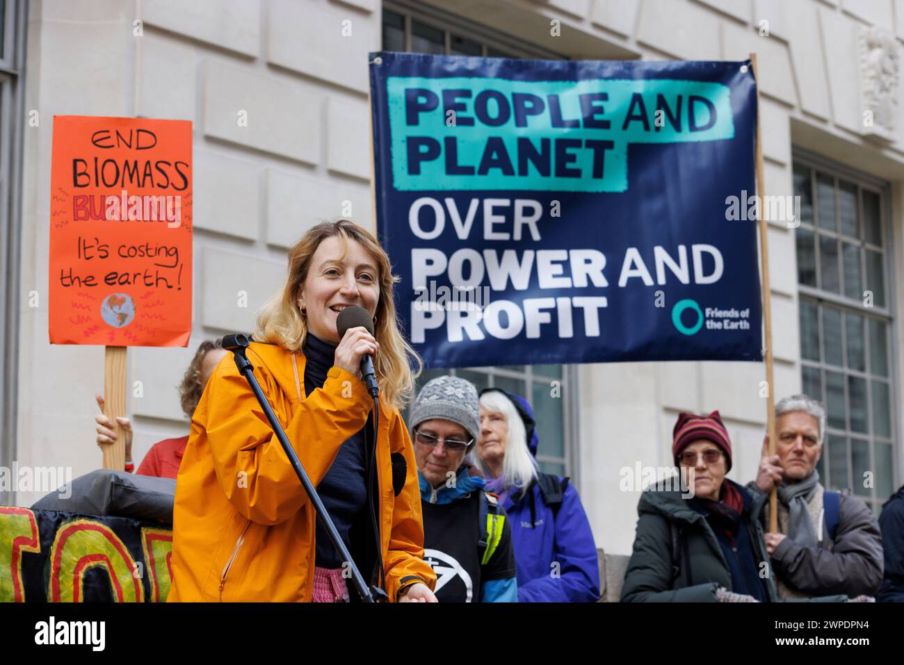 5th March 2024. Dept. for Energy, Security & Net Zero, Whitehall, London, UK.  Stop Drax demo by a coalition of groups including Greenpeace, Fossil Fr Stock Photo
