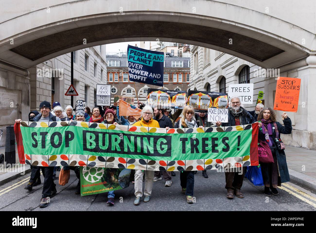 5th March 2024. Dept. for Energy, Security & Net Zero, Whitehall, London, UK.  Stop Drax demo by a coalition of groups including Greenpeace, Fossil Fr Stock Photo