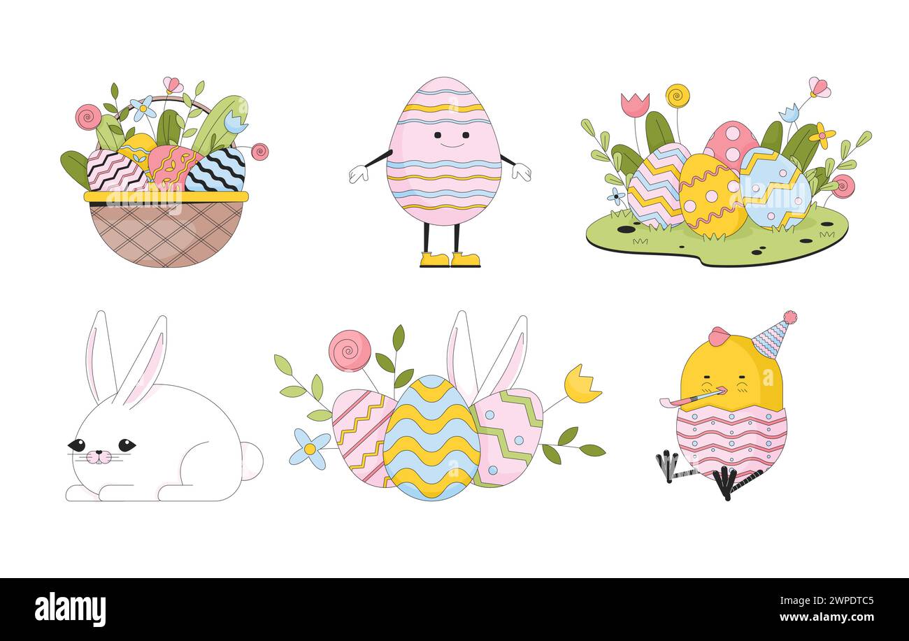 Bunny paschal eggs line cartoon flat illustrations set Stock Vector