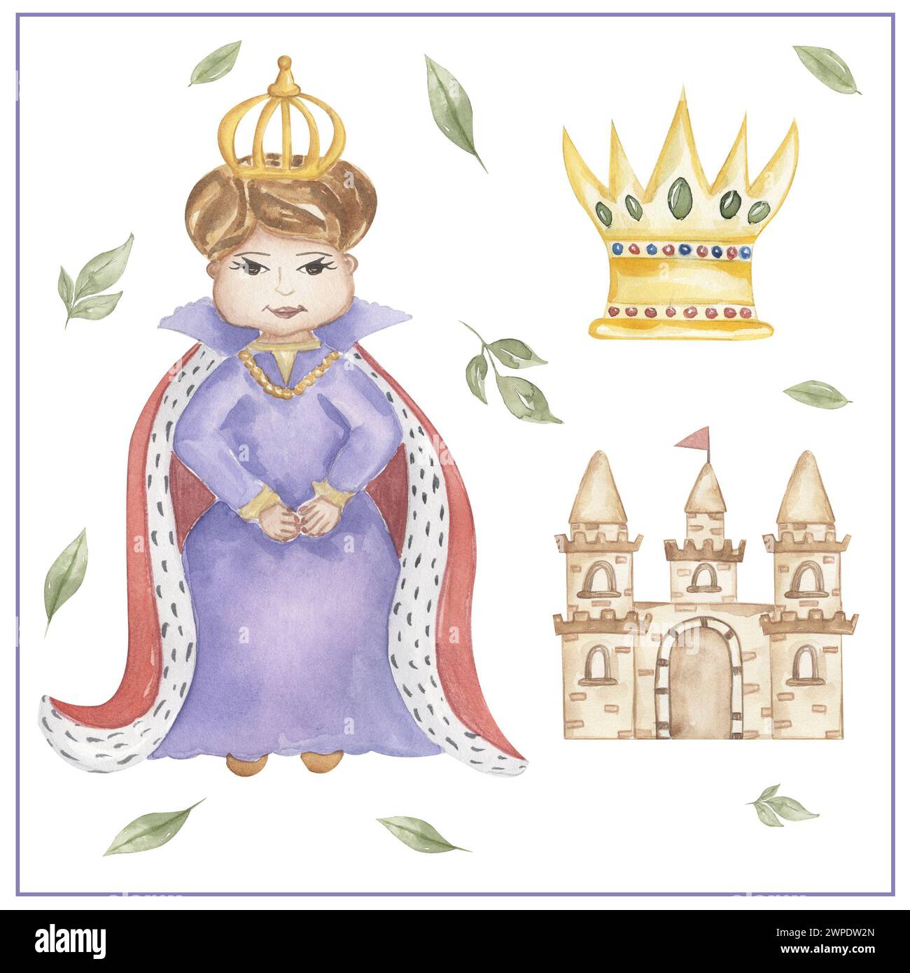 Watercolor Queen clipart, hand drawn illustration.  kids school card clip art, educational, cute children graphics with professions. Stock Photo