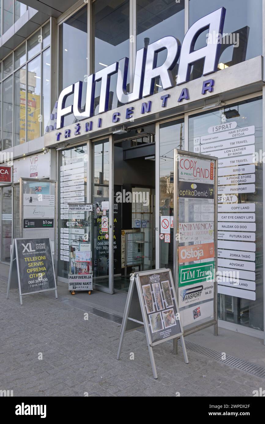 Belgrade, Serbia - February 28, 2024: Entrance to Futura Shopping Mall at Nemanjina Street Slavija in Capital City Centre. Stock Photo