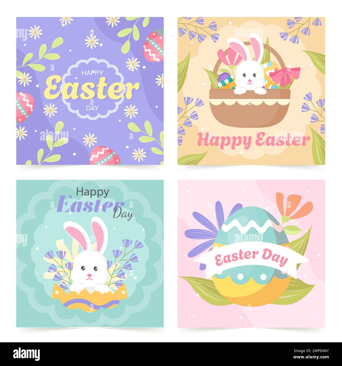 Easter eggs and Easter bunnies. Happy easter. Hello Easter. Postcards in bright colors. Banners, posters. flat vector illustrations Stock Vector