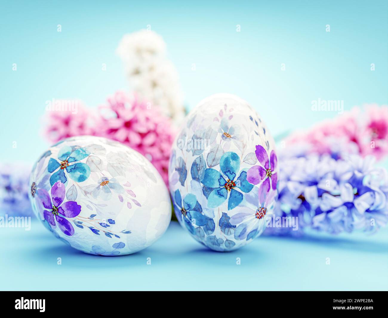 3D rendering of easter eggs with floral pattern and jacinth flowers in the background Stock Photo