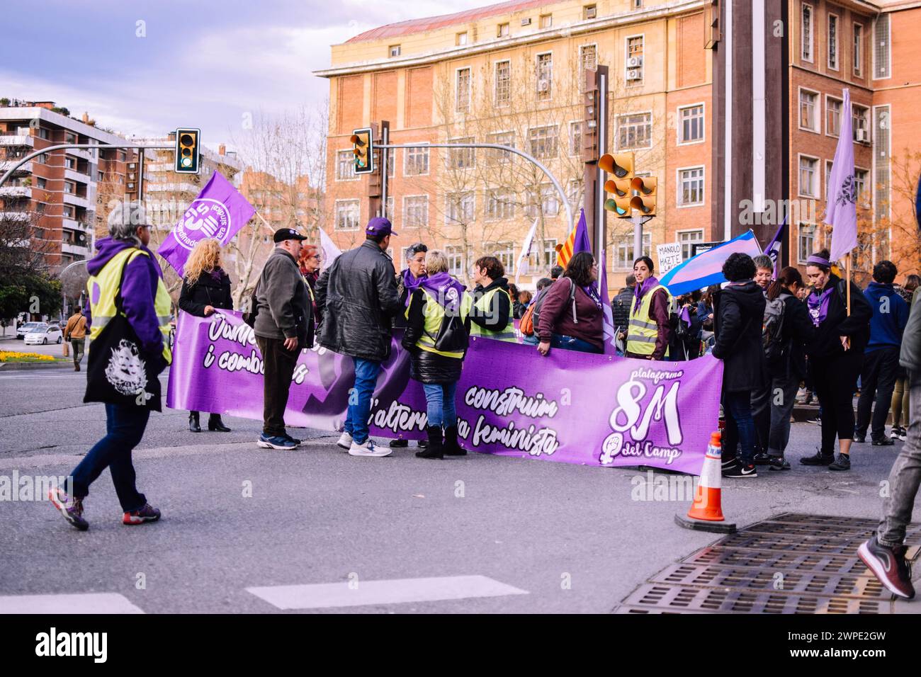 Girls protesting and fighting for their rights on 8M in Tarragona. Stock Photo