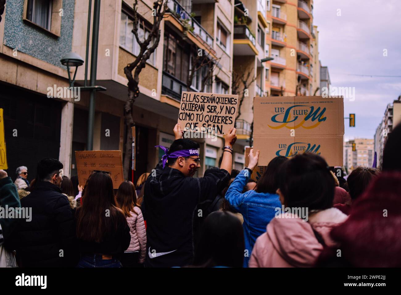 Girls protesting and fighting for their rights on 8M in Tarragona. Stock Photo