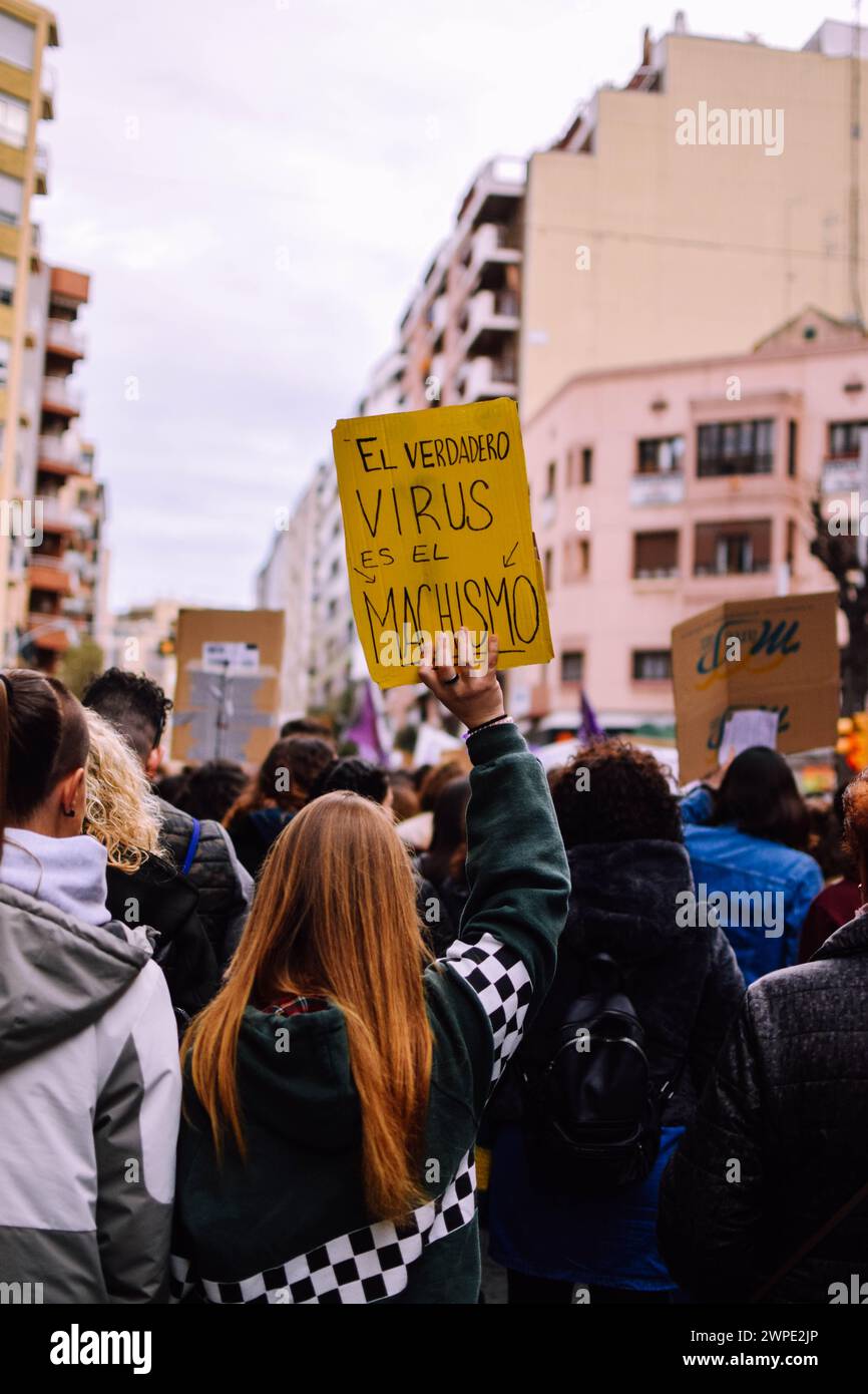 Girls protesting and fighting for their rights on 8M in Tarragona. Stock Photo