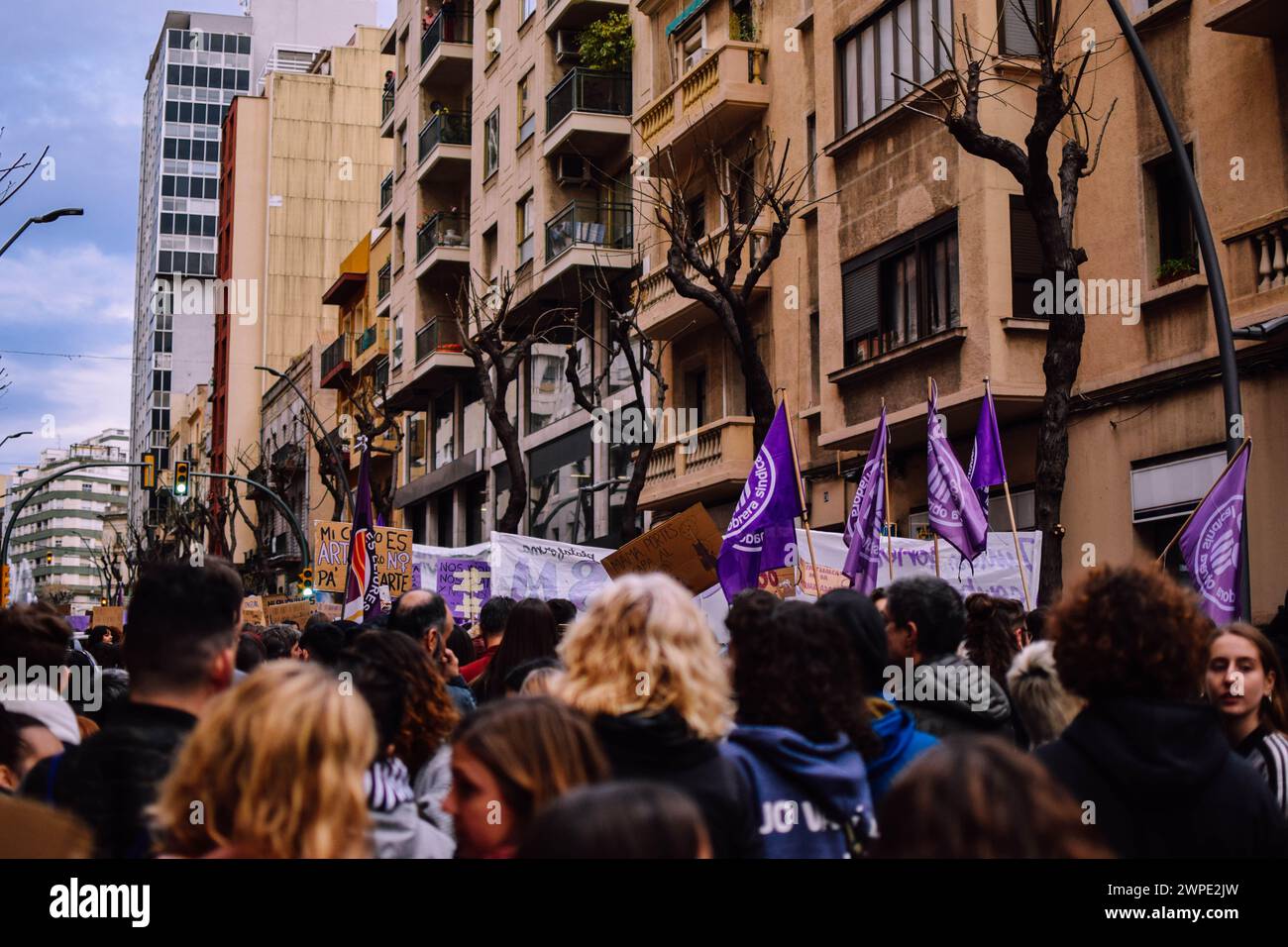 Girls protesting and fighting for their rights on 8M in Tarragona. Stock Photo