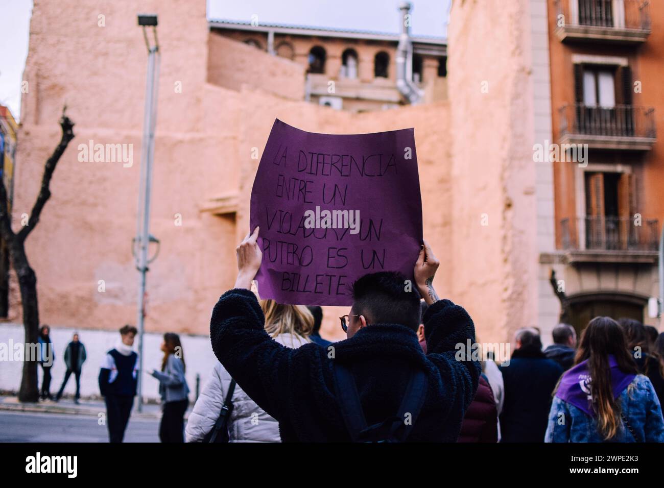 Girls protesting and fighting for their rights on 8M in Tarragona. Stock Photo