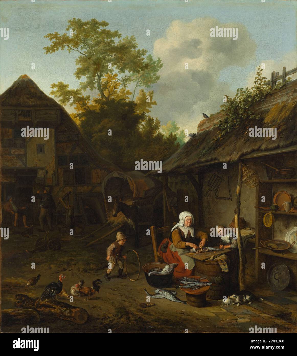 Fish scraping; Dusart, Cornelis (1660-1704); 1682 (1682-00-00-1682-00-00);children, turkeys, women, chickens, Dutch painting, yards, fish, genre scenes, purchase (provenance) Stock Photo
