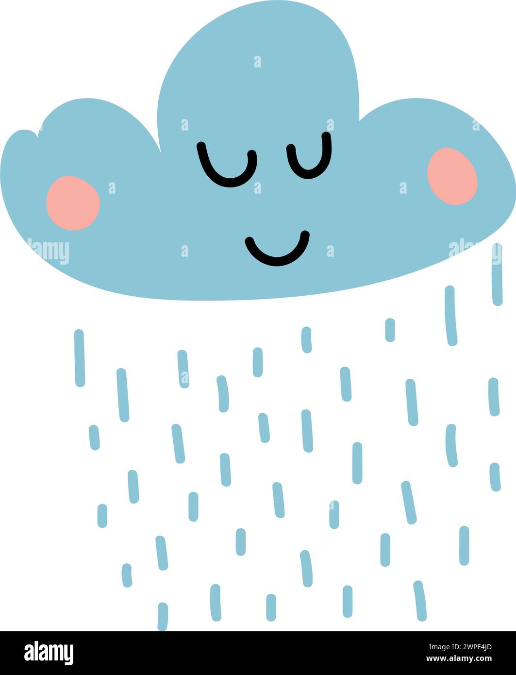 Cute happy cartoon kawaii cloud on blue background with rain drops. Dreaming cloud vector doodle illustration character Stock Vector