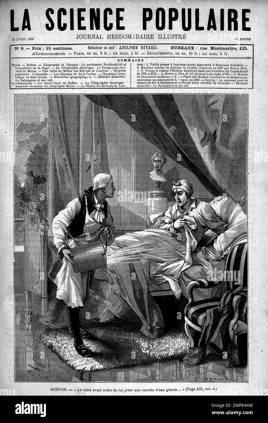 Georges Louis Leclerc Buffon in his bed, the valet throwing a bucket of icy water at him. In 'popular science,' April 15, 1880. Stock Photo