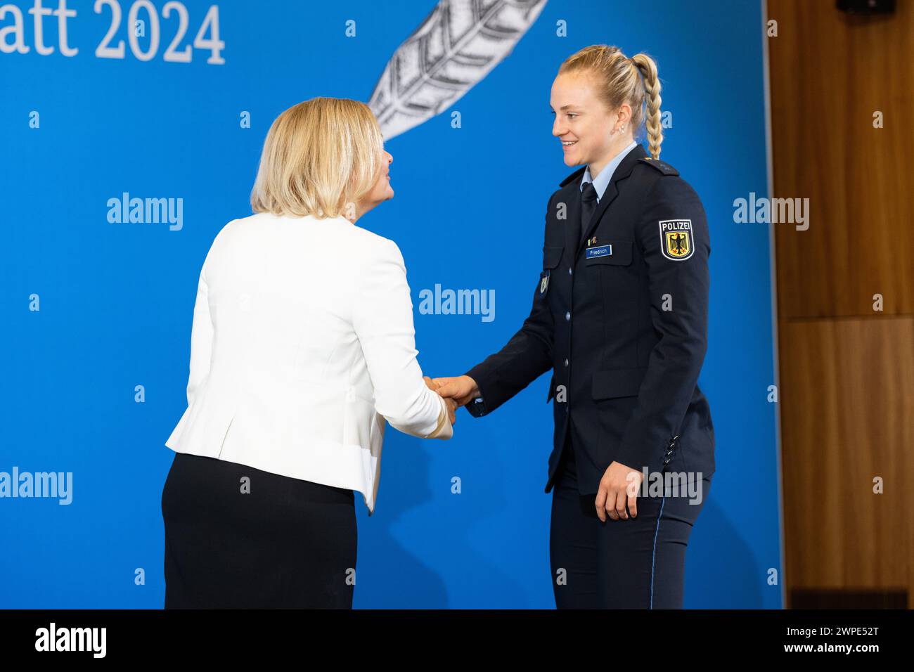 Berlin, Germany. 07th Mar, 2024. Nancy Faeser (SPD, l), Federal Minister of the Interior and Home Affairs, presents Lea Sophie Friedrich, cyclist, with the Silver Laurel Leaf. The Silver Laurel Leaf is Germany's highest state award for success in sport. Credit: Christophe Gateau/dpa/Alamy Live News Stock Photo