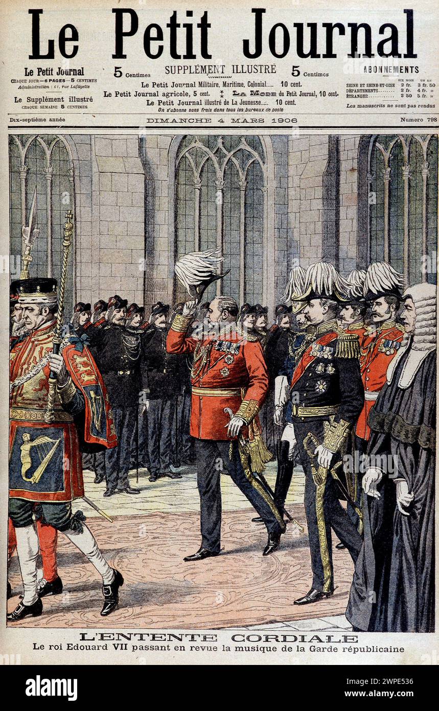 The Entente Cordiale: King Edward VII reviewing the music of the Republican Guard, cover of 'Le Petit Journal,' 04/03/1906 Stock Photo
