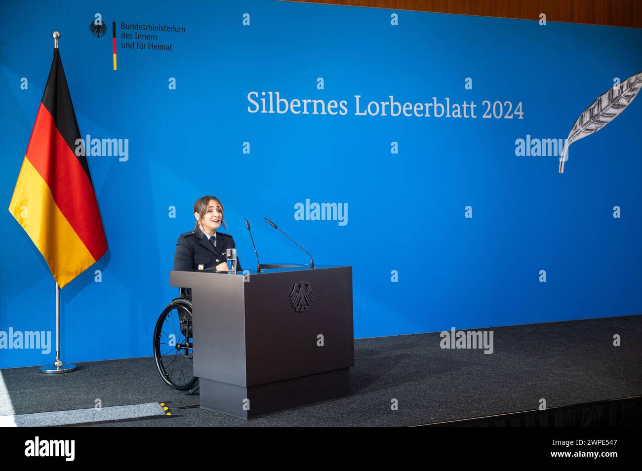 Berlin, Germany. 07th Mar, 2024. Kristina Vogel, cyclist, speaks at the Silver Laurel Leaf award ceremony. The Silver Laurel Leaf is Germany's highest state award for success in sport. Credit: Christophe Gateau/dpa/Alamy Live News Stock Photo