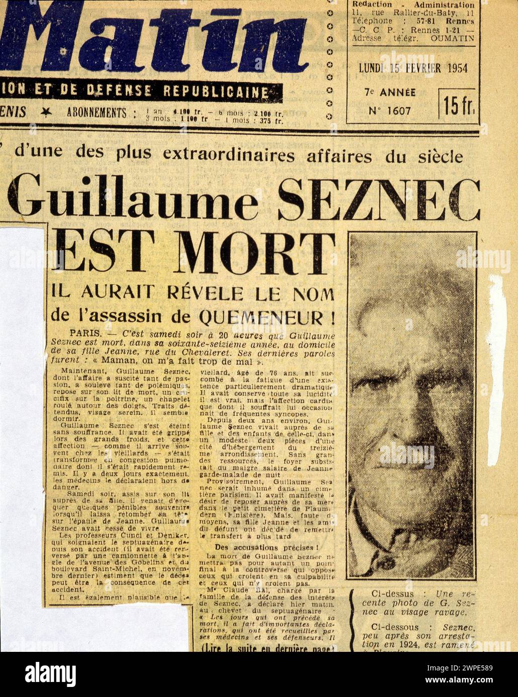 Guillaume Seznec is dead - in 'Le Matin' of 02/15/1954 Stock Photo