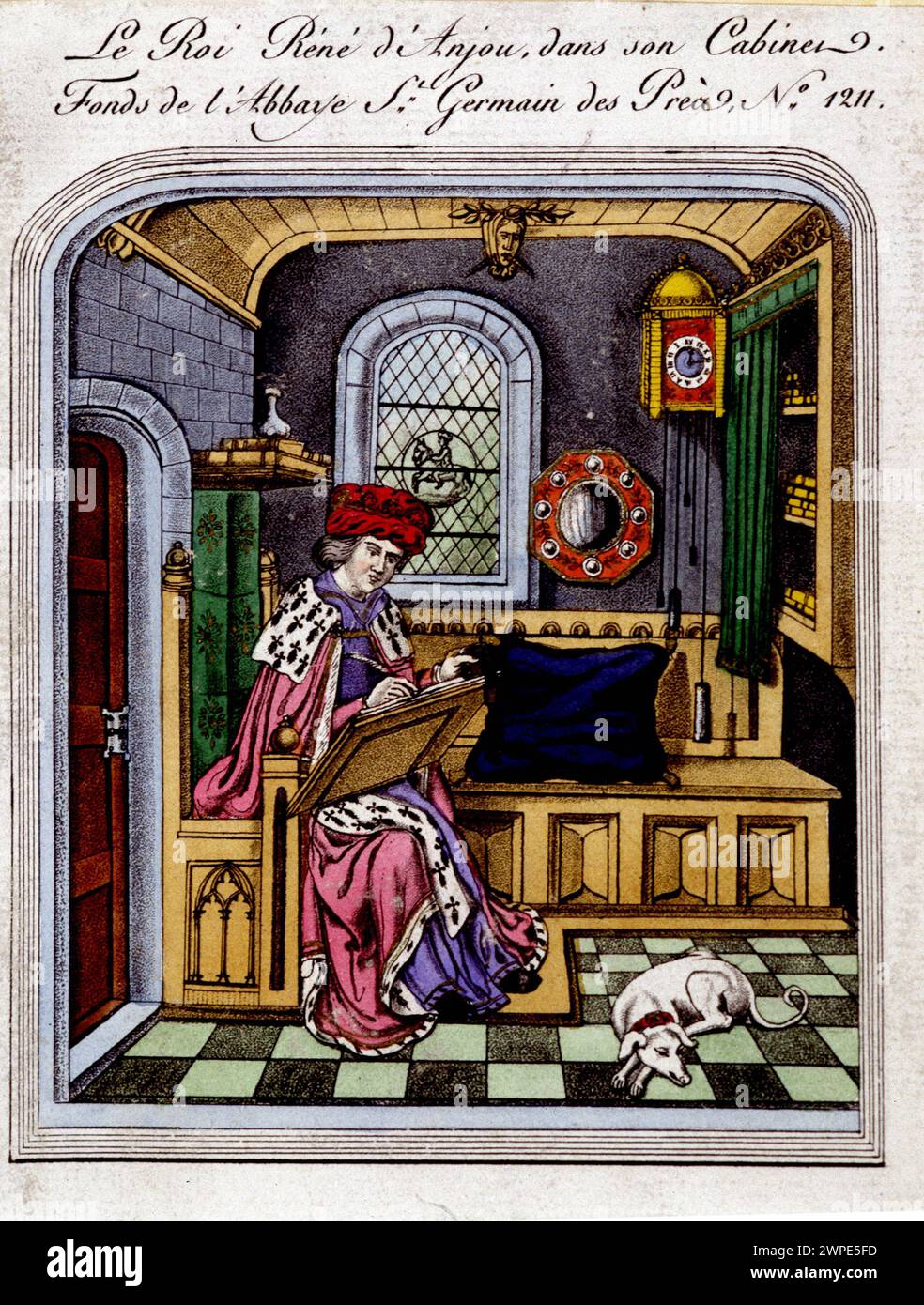 Portrait of King Rene of Anjou (1409-1480) 'also called Rene I of Naples or Rene de Sicile, in his cabinet - engraving after a miniature, 15th century Stock Photo