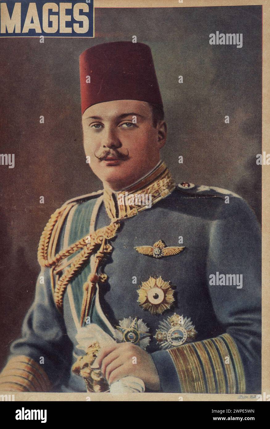 Portrait of King Farouk of Egypt (1920 - 1965), cover of the magazine Mages. Dominicans Museum, Cairo. Stock Photo