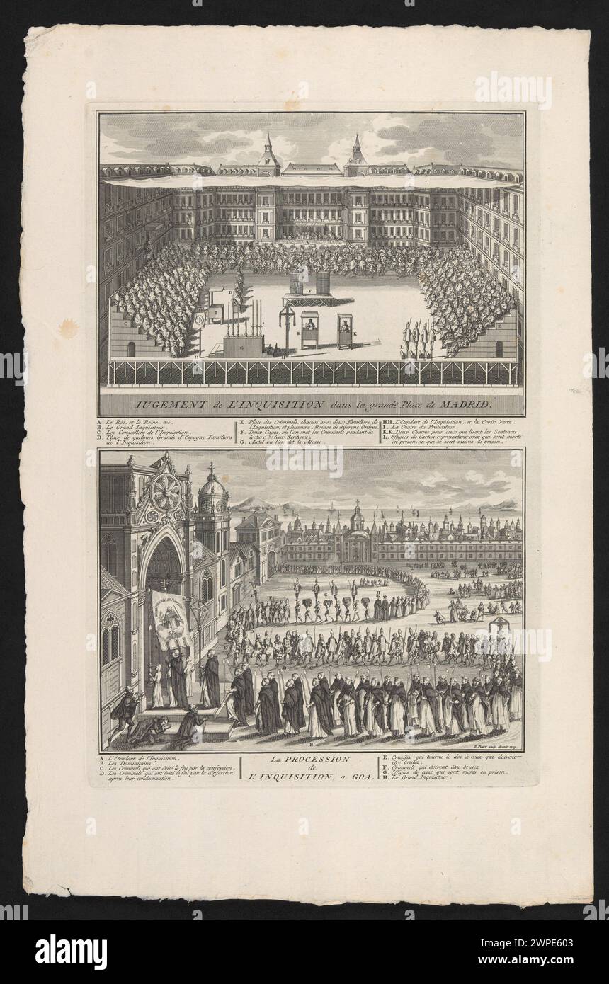 Inquisition court on the square in Madrid and the procession of the Inquisition in Goa (two illustrations); Picart, Bernard (1673-1733); 1723 (1723-00-00-1723-00-00); Stock Photo