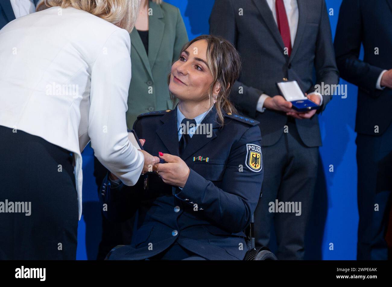 Berlin, Germany. 07th Mar, 2024. Nancy Faeser (SPD, l), Federal Minister of the Interior and Home Affairs, presents Kristina Vogel, cyclist, with the Silver Laurel Leaf. The Silver Laurel Leaf is Germany's highest state award for success in sport. Credit: Christophe Gateau/dpa/Alamy Live News Stock Photo