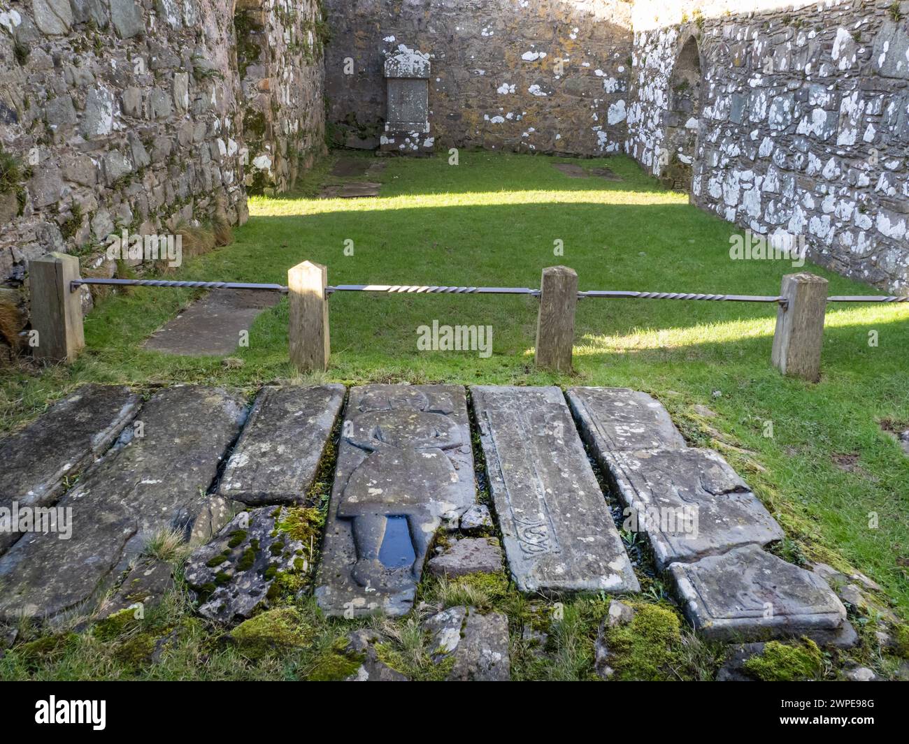 Ancient warrior inscripted grave slabs at Kildalton chapel on Islay, Scotland, UK. Stock Photo