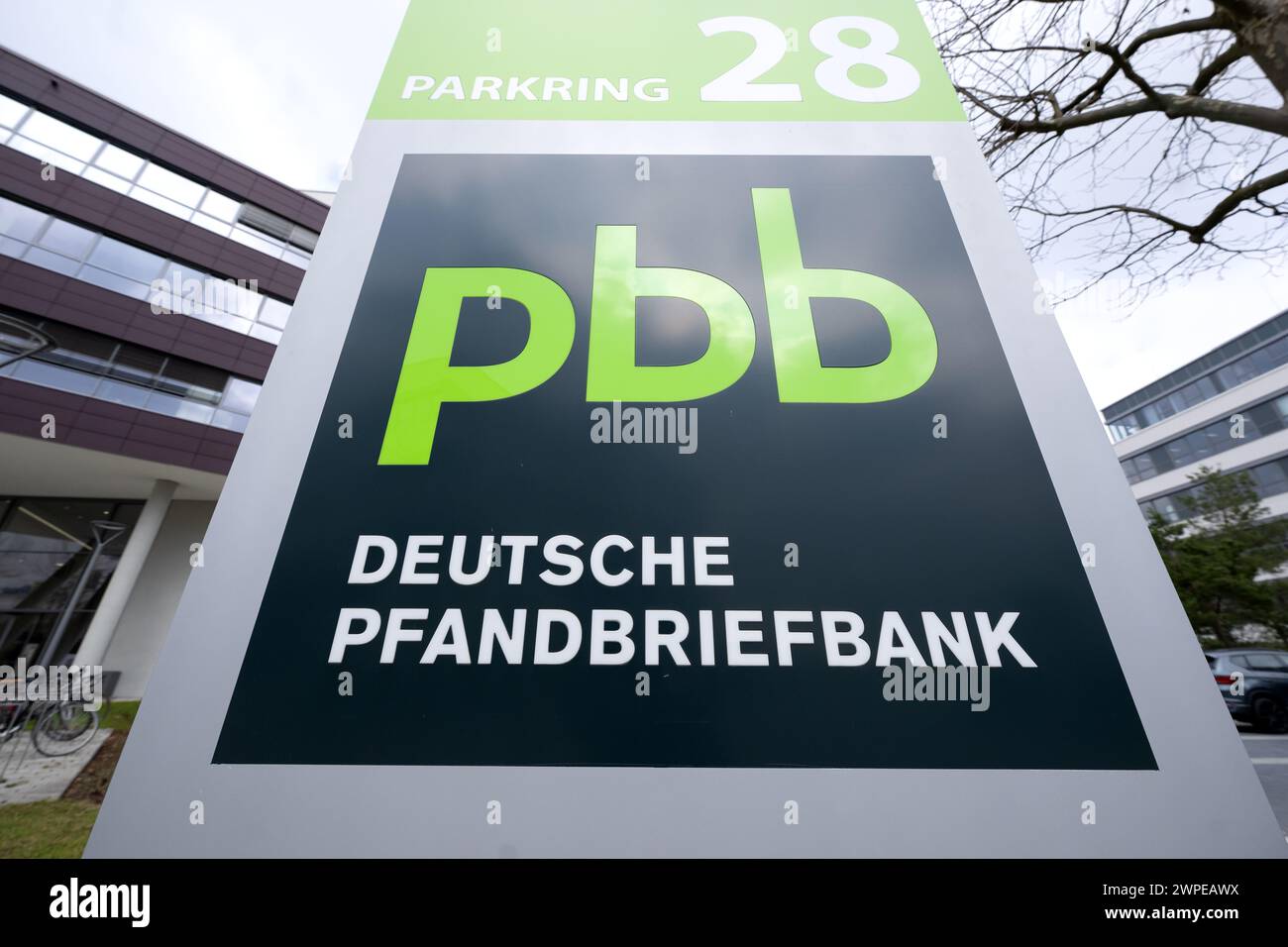 Garching, Germany. 07th Mar, 2024. The logo of Deutsche Pfandbriefbank (pbb) can be seen at the company headquarters. Following a sharp fall in profits due to the crisis on the real estate markets, Deutsche Pfandbriefbank (pbb) surprisingly does not pay investors a dividend. Credit: Sven Hoppe/dpa/Alamy Live News Stock Photo